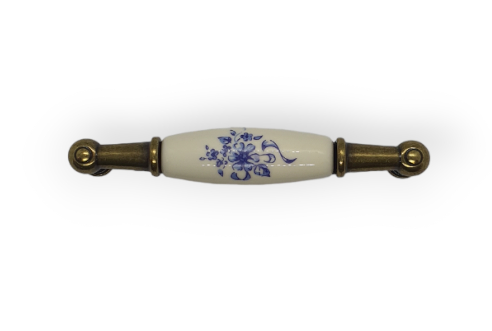 Bestellware Möbelgriff Art. 435107 altvermessingt, Porzellaneinlage mit blauem Dekor, ca. 107*18mm