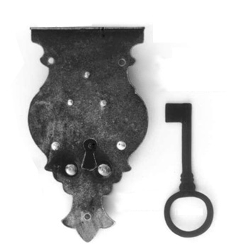 Truhenschloß Art. 5100 mit Haken und Schlüssel in Eisen alt 140mm