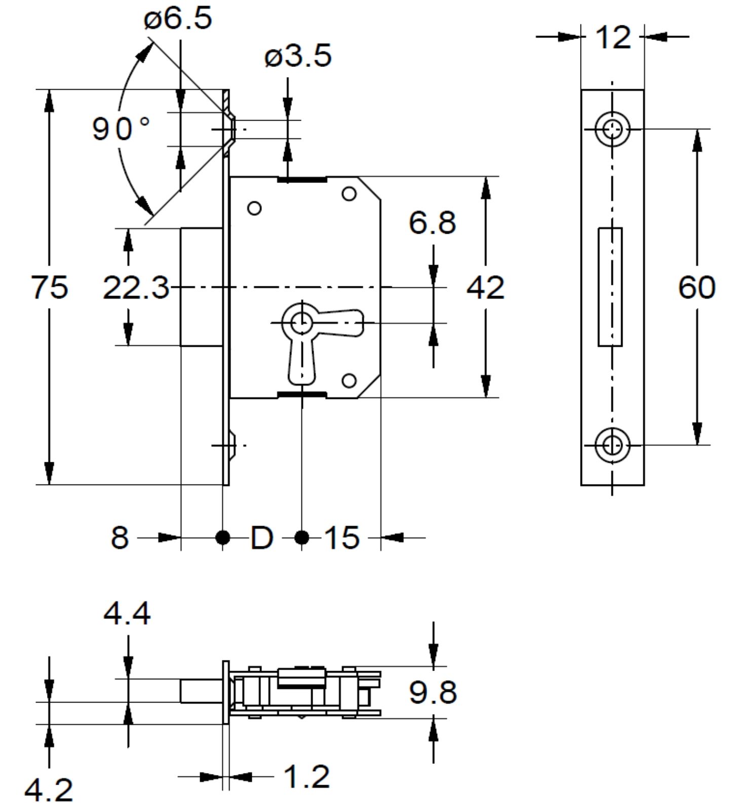 Einsteckschloß- Stulpe ca.12*75mm, Dornmaß 45 mm, Art. 5054n rechts und ...